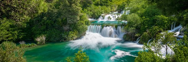 Park Narodowy Krka, Drzewa, Rzeka Krka, Chorwacja, Wodospad, Kaskada