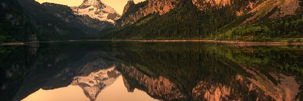 Odbicie, Dachstein, Jezioro, Góry, Austria, Drzewa, Gosausee