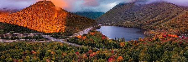 Droga, Jezioro, Stany Zjednoczone, Drzewa, Góry, White Mountains, Lasy, Jesień, Echo Lake, Stan New Hampshire