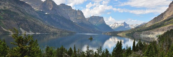 Chmury, Góry, Stany Zjednoczone, Stan Montana, Drzewa, Jezioro, St. Mary Lake, Park Narodowy Glacier