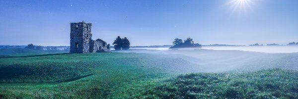 Łąka, Kościół, Knowlton, Hrabstwo Dorset, Anglia, Zachód słońca, Drzewa, Ruiny, Trawa