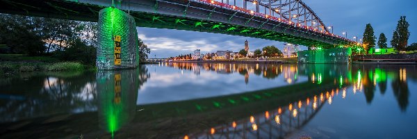 Most, Dolny Ren, Holandia, Arnhem, Podświetlony, John Frost Bridge, Drzewa, Rzeka