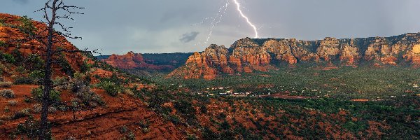 Drzewo, Sedona, Skały, Arizona, Stany Zjednoczone, Piorun, Chmury