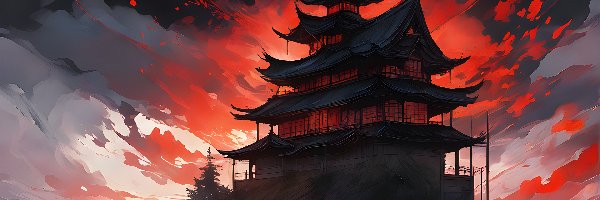 Świątynia, Wzgórze, Pagoda, Grafika, Rzeka