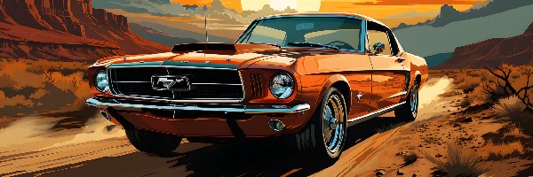 Ford Mustang, Góry, Droga, Grafika, Zachód słońca