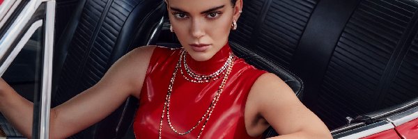 Samochód, Kendall Jenner, Biżuteria, Modelka, Kobieta, Sukienka, Czerwona