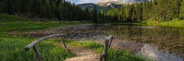 Mostek, Brzeg, Las, Antorno Lake, Włochy, Drzewa, Jezioro, Dolomity, Trawa, Góry, Masyw, Chmury, Tre Cime di Lavaredo