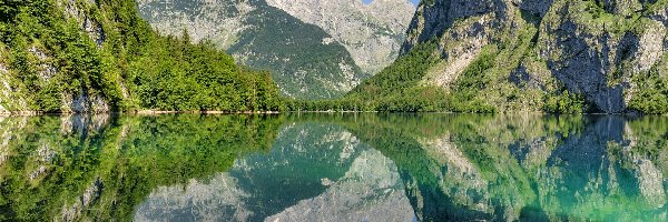 Niemcy, Jezioro Obersee, Drzewa, Odbicie, Góry, Bawaria, Park Narodowy Berchtesgaden