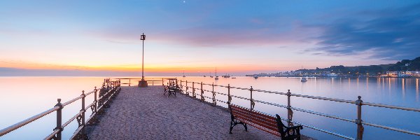 Wybrzeże Jurajskie, Kanał La Manche, Molo, Księżyc, Zachód słońca, Anglia, Dorset, Ławki, Swanage