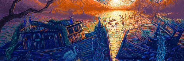 Pawie, Impresjonizm, Łodzie, Tytuł, Drzewa, Woda, Autor, James R. Eads, The Golden Hour, Słońce, Grzyby, Domek, Malarstwo, Ptaki, Flamingi, Niebo