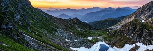 Góry, Styria, Wschód słońca, Poranek, Rottenmanner Tauern, Niskie Taury, Zbocze, Austria