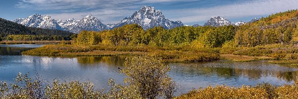 Rzeka, Grand Teton, Park Narodowy Grand Teton, Wyoming, Stany Zjednoczone, Drzewa, Jesień, Góry, Snake River