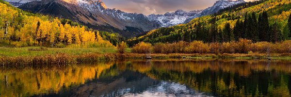 Drzewa, Góry, Jesień, Góra Sneffels, Stany Zjednoczone, Jezioro, Las, Stan Kolorado, Blue Lake, San Juan Mountains, Chmury