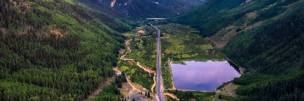 Lasy, Kolorado, Autostrada Million Dollar, Drzewa, San Juan Mountains, Jezioro, Lato, Stany Zjednoczone, Góry, Droga