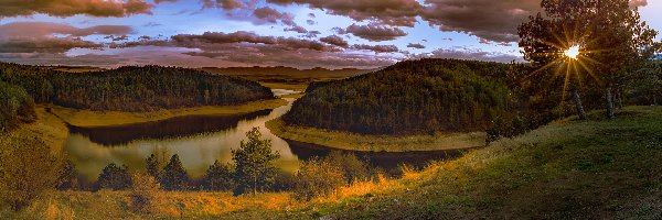 Trawa, Drzewa, Chmury, Wieczór, Jezioro, Promienie słońca, Zachód słońca, Las