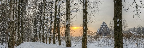 Wschód słońca, Drzewa, Brzozy, Śnieg, Zima, Cerkiew, Droga