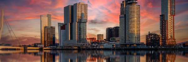 Holandia, Erasmus Bridge, Odbicie, Most, Wieżowce, Rotterdam, Zachodu słońca