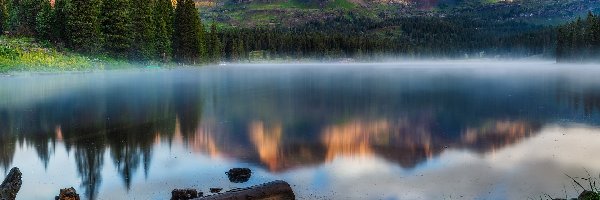 Drzewa, Las, Lake Irwin, Jezioro, Góry, Stany Zjednoczone, Kolorado, Mgła, Chmury