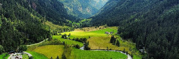 Alpy, Domy, Góry, Austria, Rzeka, Dolina