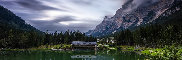 Las, Lago Mosigo, Góry, Prowincja Belluno, Włochy, Odbicie, Domy, Jezioro, Drzewa