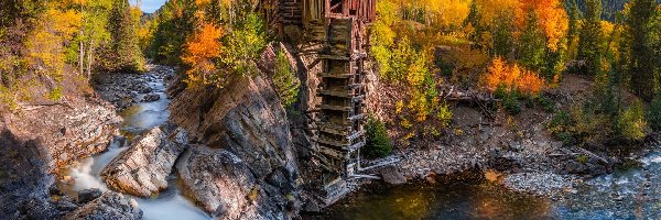 Rzeka, Młyn, Crystal Mill, Kolorado, Stany Zjednoczone, Drzewa, Jesień