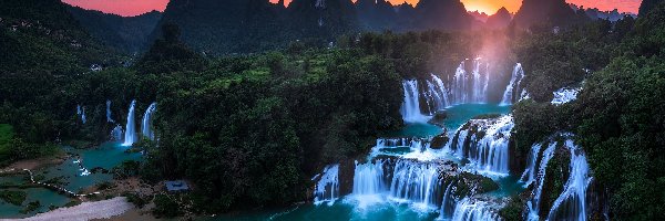 Wietnam, Rzeka, Cao Bang, Ban Gioc Waterfall, Wodospad, Zachód słońca, Góry