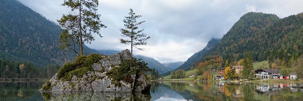 Skały, Góry, Niemcy, Bawaria, Jezioro Hintersee, Drzewa, Domy, Zalesione