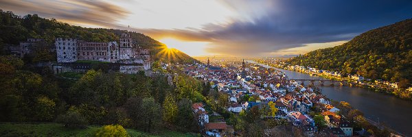 Zamek, Miasto, Zachód słońca, Most, Heidelberg, Domy, Rzeka Neckar, Niemcy