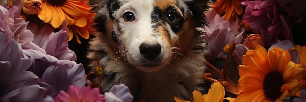 Pies, Kwiaty, Szczeniak, Owczarek australijski-australian shepherd, 2D