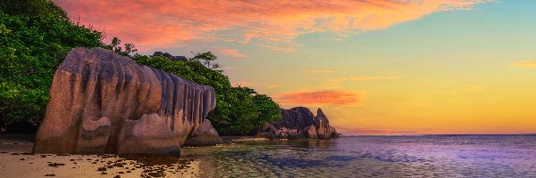 Anse Source dArgent, Plaża, La Digue, Wyspa, Seszele, Zachód słońca, Drzewa, Morze, Skały