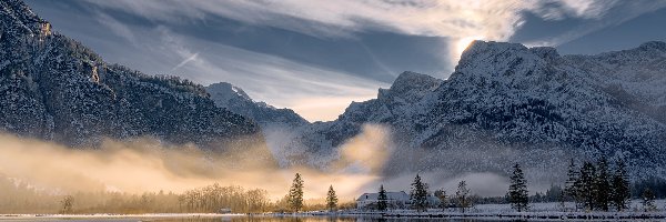Austria, Góry, Drzewa, Jezioro Almsee, Zima, Wschód słońca, Mgła