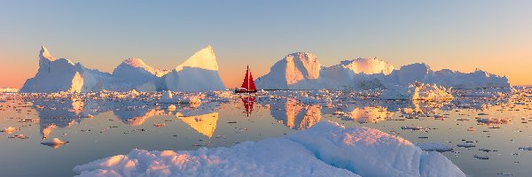Kry lodowe, Morze, Góry lodowe, Grenlandia, Dania, Żaglówka, Czerwona
