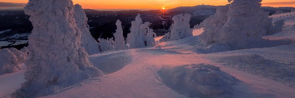 Wschód słońca, Góry, Ośnieżone, Śnieg, Zima, Zaspy, Drzewa