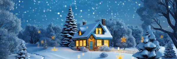 Zima, Drzewa, Dom, Grafika, Śnieg