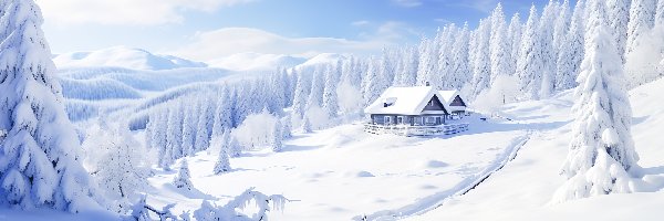 Zima, Drzewa, Ośnieżone, Grafika, Domek