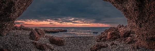 Hiszpania, Morze, Wschód słońca, Łuk, Skały, Cala Foradada, Plaża