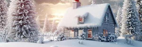 Zima, Ośnieżony, Domek, Grafika, Drzewa