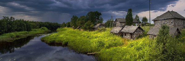 Rzeka, Wioska, Domki, Chmury, Ciemne