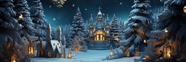 Latarnie, Ośnieżone, Drzewa, Boże Narodzenie, Zima, 2D, Domy, Choinki, Kościółek