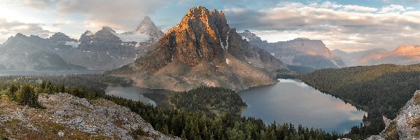 Jezioro, Mgła, Kanada, Cerulean Lake, Góra, Mount Assiniboine, Jeziora, Poranek, Góry, Sunburst Lake