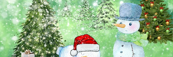 Bałwanki, Śnieg, Choinki, 2D, Boże Narodzenie