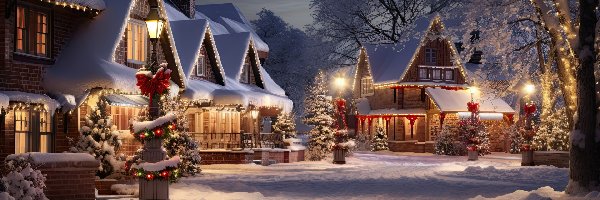 Zima, Latarnie, Domy, Boże Narodzenie, Oświetlenie