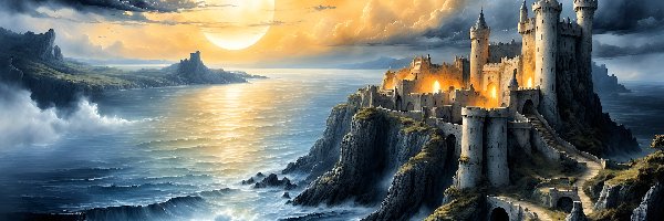 Fantasy, Skały, Zamek, Morze, Grafika, Chmury, Słońce