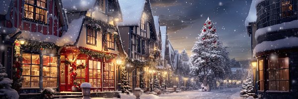 Ulica, Miasto, Noc, Śnieg, Domy, Dekoracja, Choinki, Boże Narodzenie