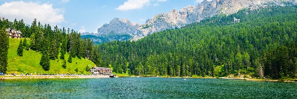 Misurina Lake, Drzewa, Jezioro, Włochy, Dolomity, Góry