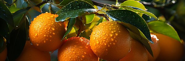 Pomarańcze, Gałąź, Owoce, Krople, Liście