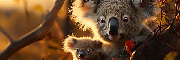 Drzewa, Dziecko, Konar, Gałązki, Mama, Koala