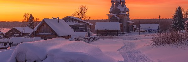 Śnieg, Zima, Drewniane, Cerkiew, Wschód słońca, Rosja, Region archangielski, Domy, Kimzha