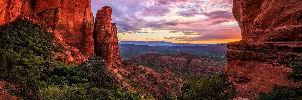 Zachód słońca, Skały, Sedona, Drzewa, Arizona, Stany Zjednoczone