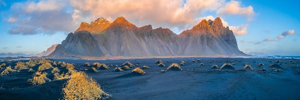 Kępki, Vestrahorn, Plaża, Trawy, Góry, Islandia